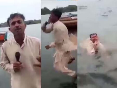 Pakistani journalist reporting : बिपरजॉय तूफान के बीच पाकिस्तानी पत्रकार ने की तूफानी रिपोर्टिंग, समुंदर में डूबा फिर भी नहीं छूटा माइक!